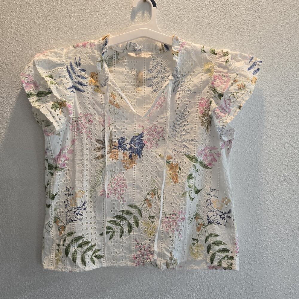 Solitaire Floral Eyelet Blouse Womens Medium White Cottagecore Flutter‎ Sleeve